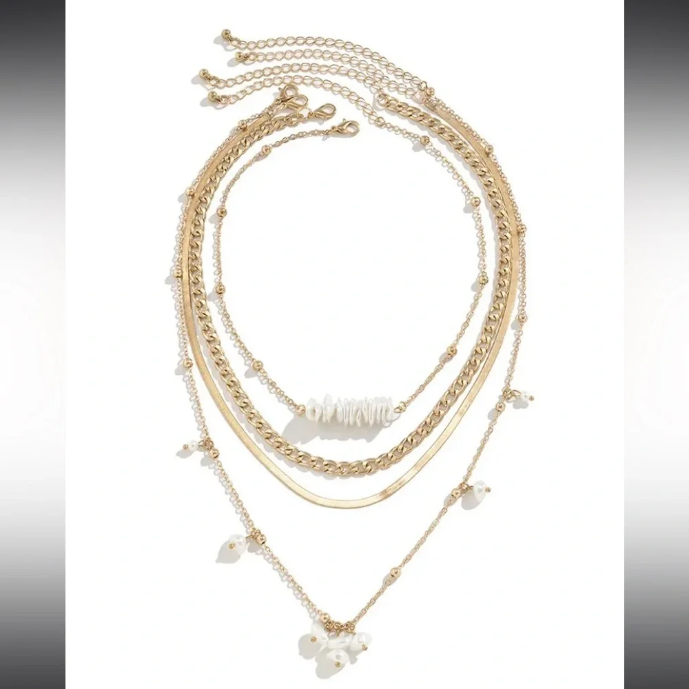 Flirty Layered Tiered 4Pcs Faux Pearl Beading Chain Layered Necklaces Set Gold. - Picture 2 of 4